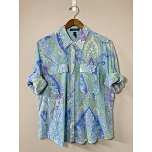 Lauren Ralph Lauren Button Up Women XL Blue‎ Paisley Cotton Lightweight Roll Tab